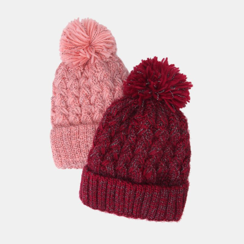 Kvinner Blandet Farge Strikket Plus Velvet Thicken Fluffy Ball Varme Ørebeskyttelse Beanie Hat