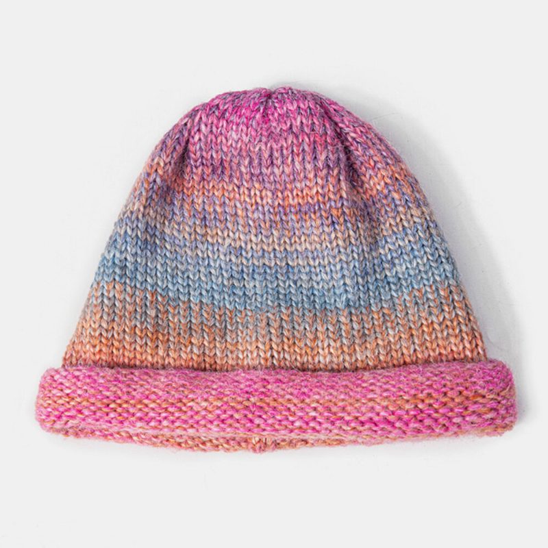 Kvinner Blandet Farge Strikket Tie-dye Gradient Farge Vintage Mote Varme Brimless Beanie Hat