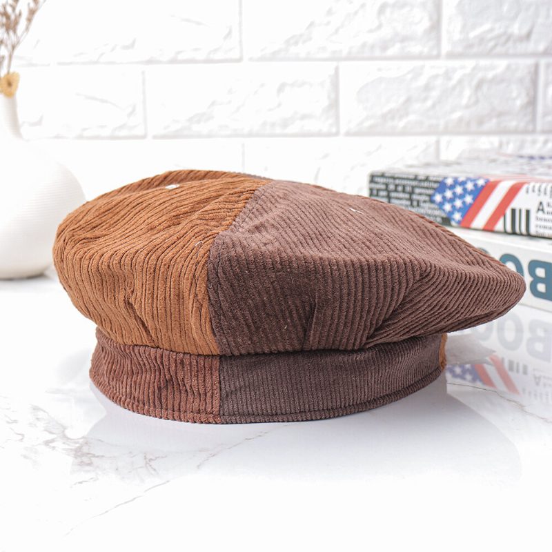 Kvinner Corduroy Varm Patchwork Farge Malerlue Beret Hatter Åttekantet Hat