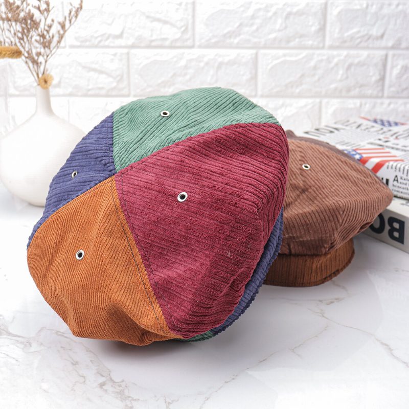 Kvinner Corduroy Varm Patchwork Farge Malerlue Beret Hatter Åttekantet Hat