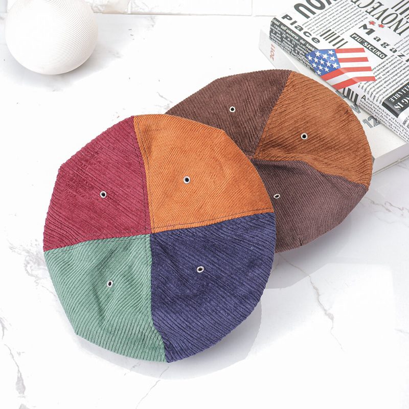 Kvinner Corduroy Varm Patchwork Farge Malerlue Beret Hatter Åttekantet Hat