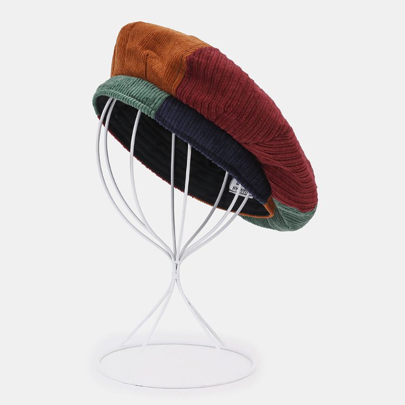 Kvinner Corduroy Varm Patchwork Farge Malerlue Beret Hatter Åttekantet Hat