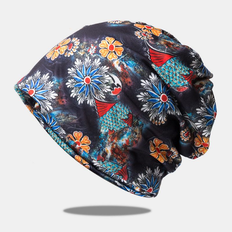 Kvinner Dual-use Pustende Baotou Hatter Bomullsoverlegg Farget Blomstertrykt Tilfeldig Elastisk Skjerf Beanie Hat