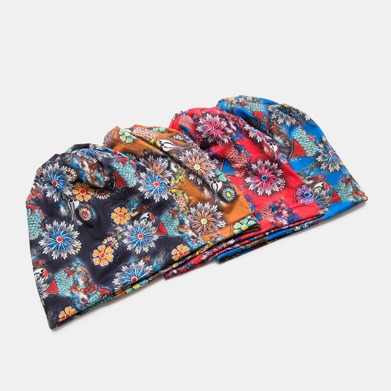 Kvinner Dual-use Pustende Baotou Hatter Bomullsoverlegg Farget Blomstertrykt Tilfeldig Elastisk Skjerf Beanie Hat