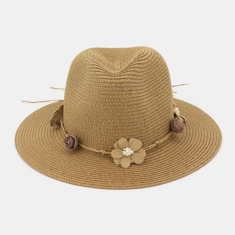 Kvinner Solkrem Reise Strand Solhatt Blomsterdekorasjon Elegant Jazzhatt Stråhatt