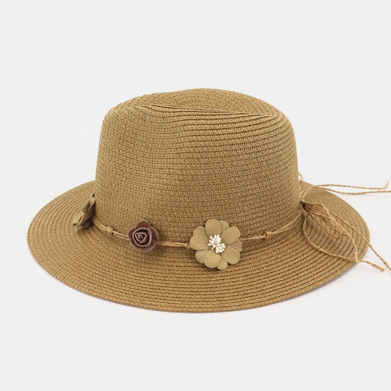 Kvinner Solkrem Reise Strand Solhatt Blomsterdekorasjon Elegant Jazzhatt Stråhatt