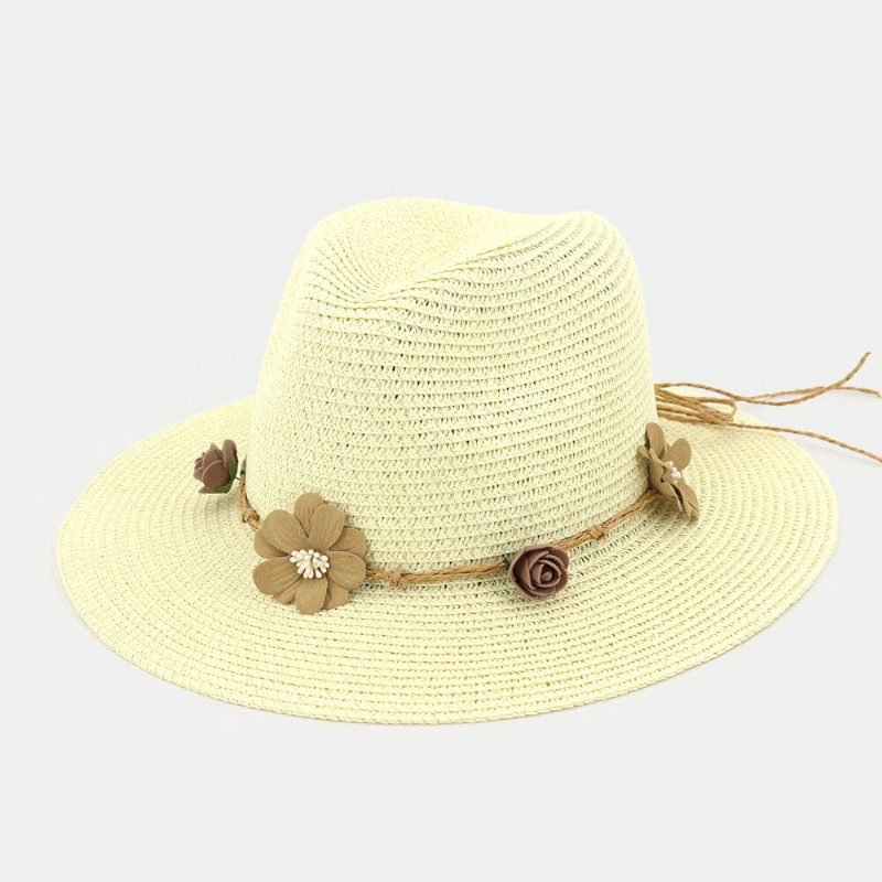 Kvinner Solkrem Reise Strand Solhatt Blomsterdekorasjon Elegant Jazzhatt Stråhatt