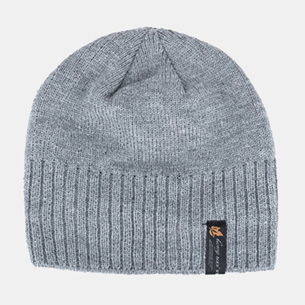 Menn Akryl Pluss Fløyelsstrikket Hetteblad Letter Patch Vinter Outdoor Warmth Beanie Hat