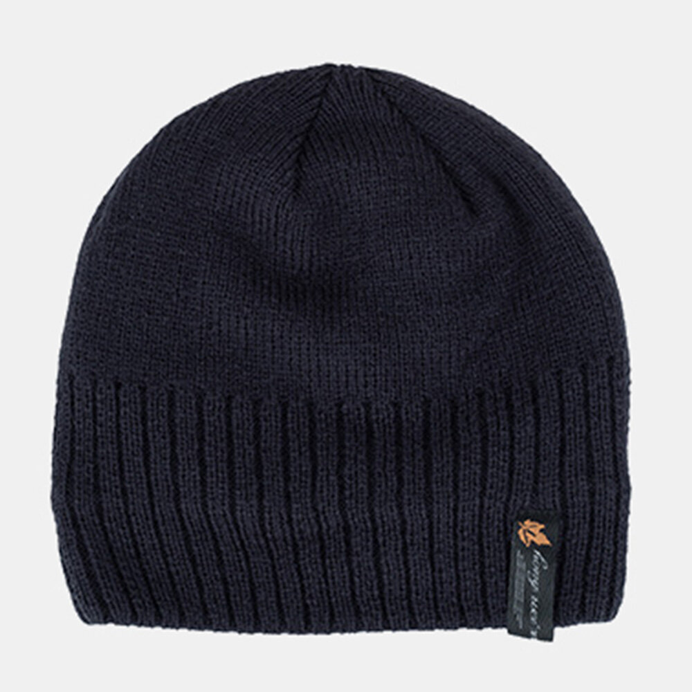 Menn Akryl Pluss Fløyelsstrikket Hetteblad Letter Patch Vinter Outdoor Warmth Beanie Hat