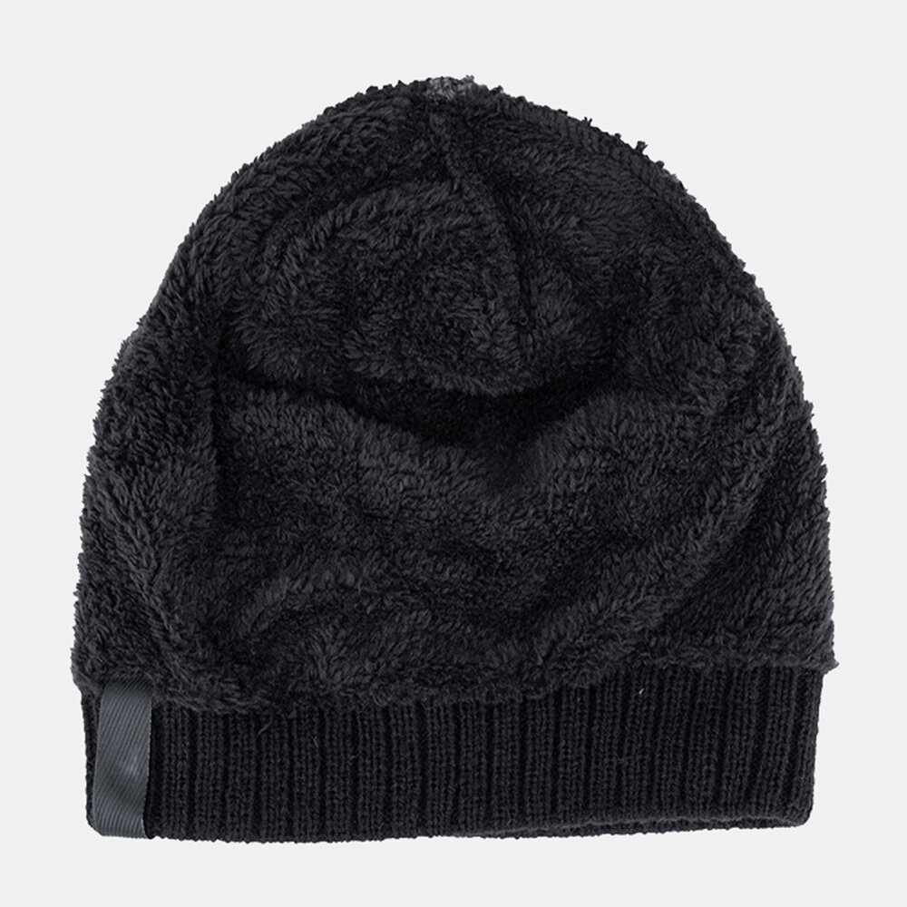 Menn Akryl Pluss Fløyelsstrikket Hetteblad Letter Patch Vinter Outdoor Warmth Beanie Hat