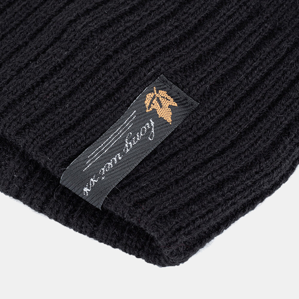 Menn Akryl Pluss Fløyelsstrikket Hetteblad Letter Patch Vinter Outdoor Warmth Beanie Hat