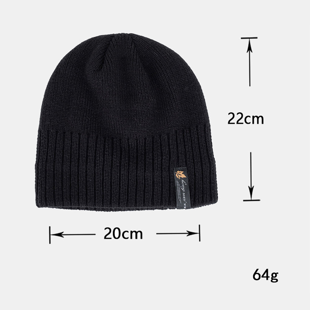 Menn Akryl Pluss Fløyelsstrikket Hetteblad Letter Patch Vinter Outdoor Warmth Beanie Hat