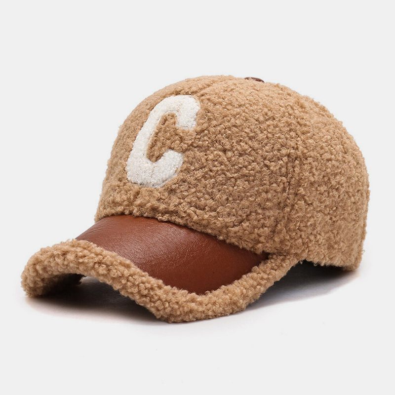 Menn Baseball Cap Plysj Pu Patchwork C Bokstavmønster Utendørs Varme Mote Eføy Kjørehatt For Kvinner