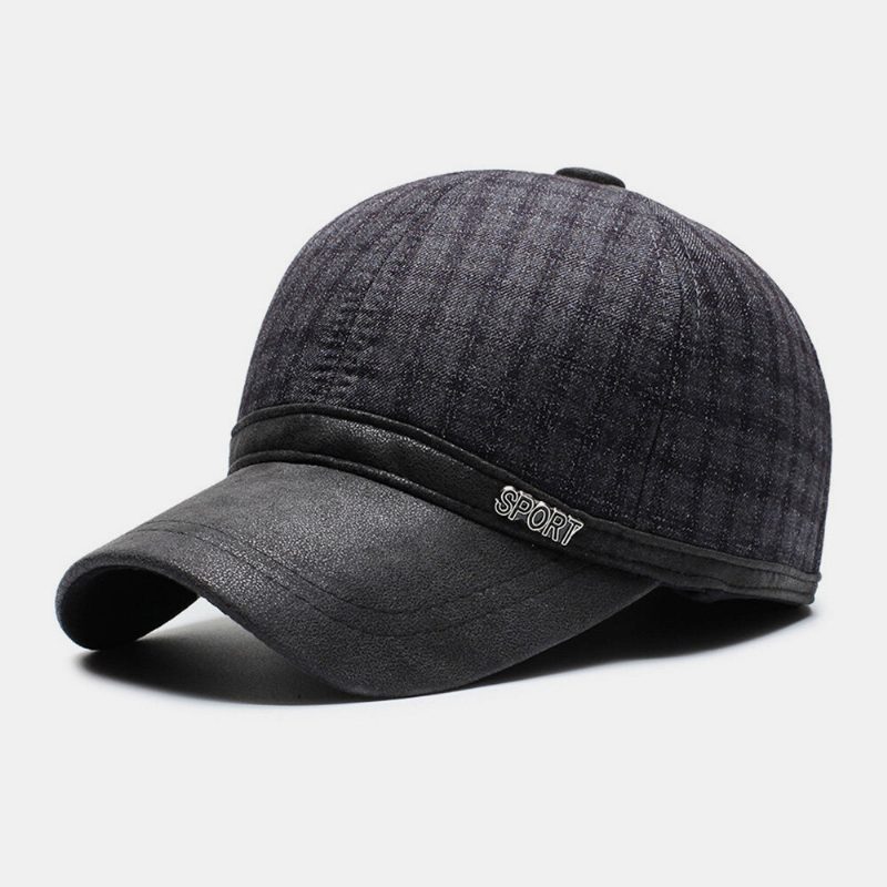 Menn Bomull Pu-brem Patchwork Gittermønster Baseball Cap Innebygd Ørebeskyttelse Varme Ivy Cap