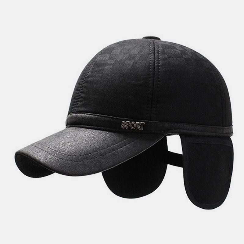 Menn Bomull Pu-brem Patchwork Gittermønster Baseball Cap Innebygd Ørebeskyttelse Varme Ivy Cap