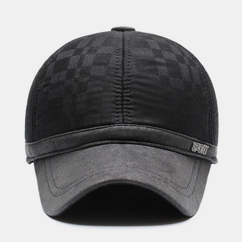 Menn Bomull Pu-brem Patchwork Gittermønster Baseball Cap Innebygd Ørebeskyttelse Varme Ivy Cap