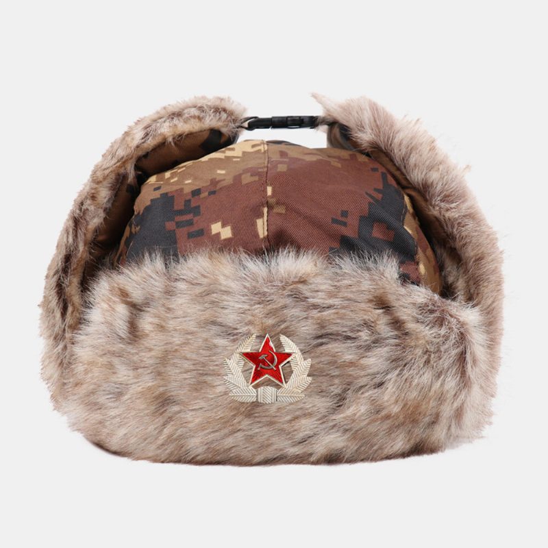 Menn Camouflage Soviet Badge Trapper Hatter Vinter Tykk Varm Kjølig Beskyttelse Ørebeskyttelse Russisk Lue