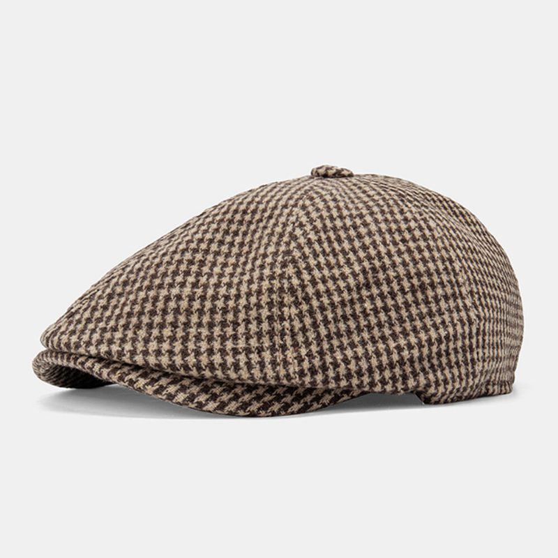 Menn Cotton Dacron Houndstooth Pattern Kortbremmet Beret Flate Cap Britisk Retro Octagonal Hat