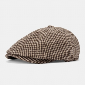 Menn Cotton Dacron Houndstooth Pattern Kortbremmet Beret Flate Cap Britisk Retro Octagonal Hat