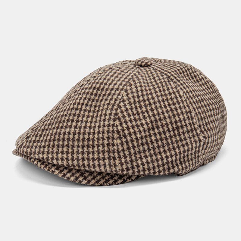 Menn Cotton Dacron Houndstooth Pattern Kortbremmet Beret Flate Cap Britisk Retro Octagonal Hat