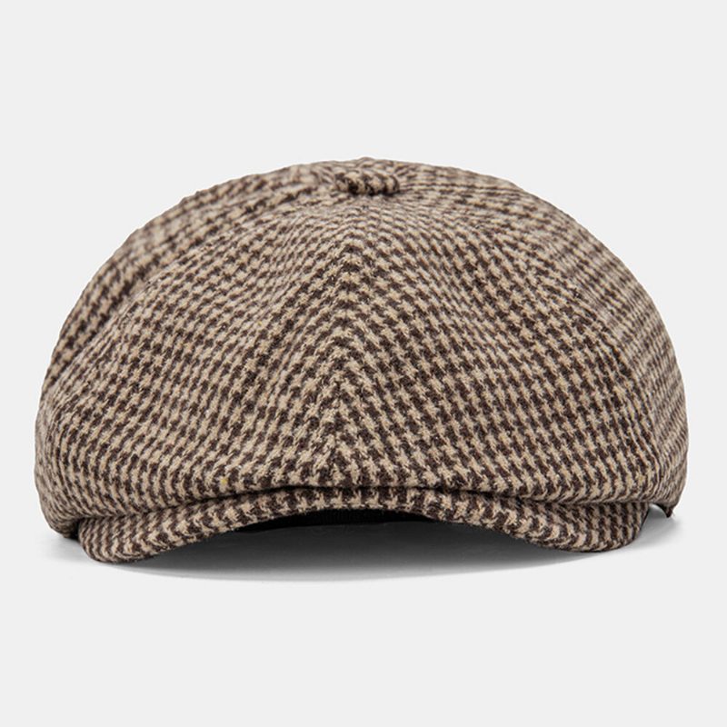 Menn Cotton Dacron Houndstooth Pattern Kortbremmet Beret Flate Cap Britisk Retro Octagonal Hat