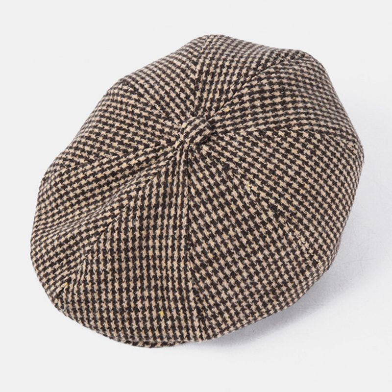 Menn Cotton Dacron Houndstooth Pattern Kortbremmet Beret Flate Cap Britisk Retro Octagonal Hat