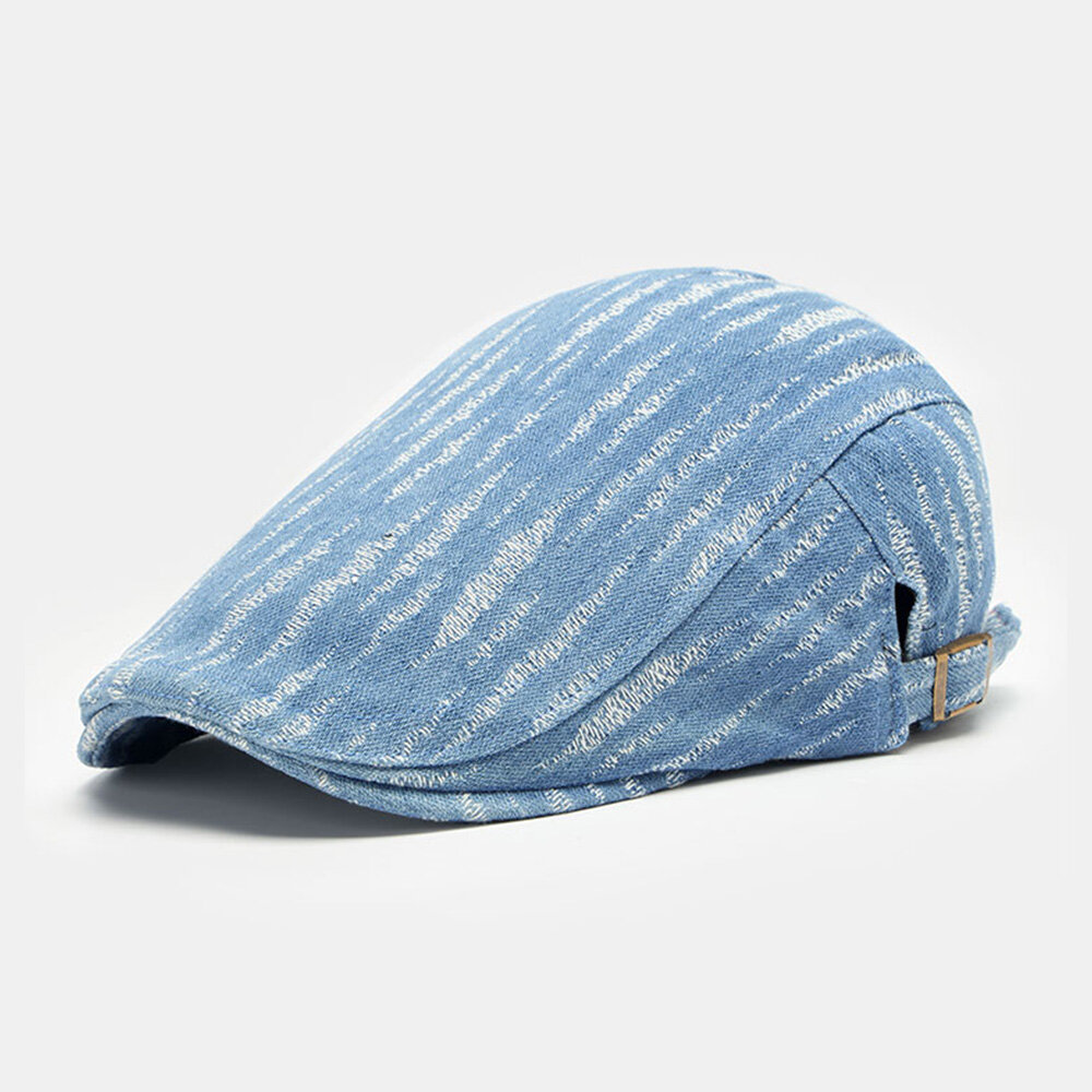 Menn Denim Beret Cap Broke Hole Small Stripe Short Rim Mote Sunscreen Flate Hatter Forward Cap