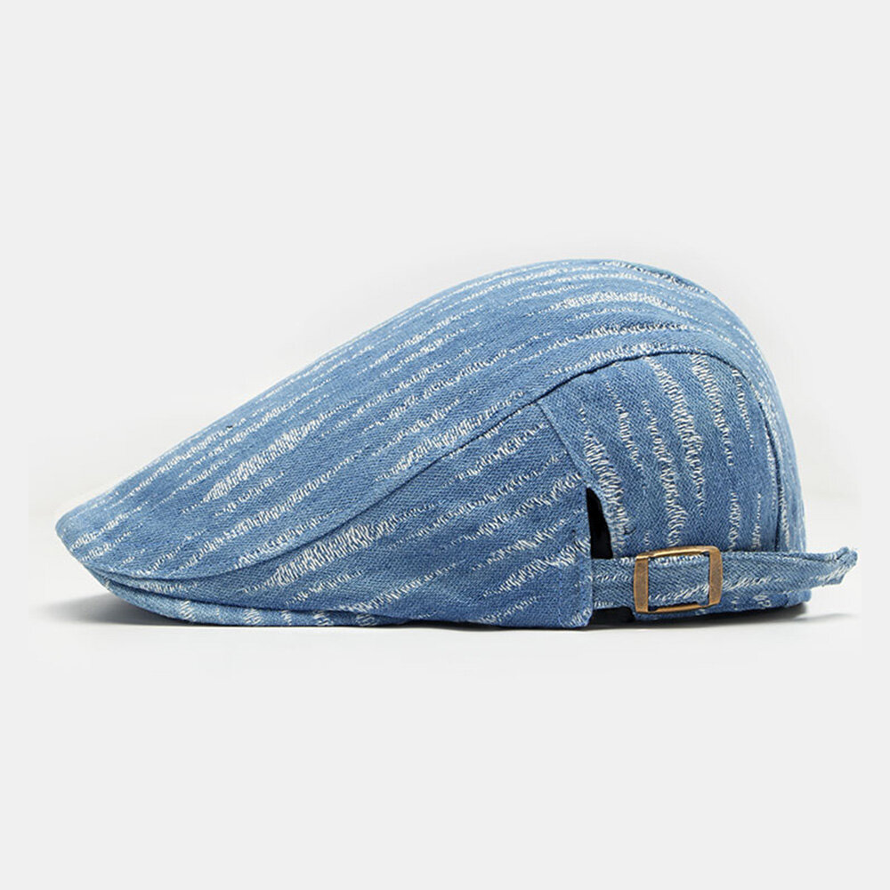 Menn Denim Beret Cap Broke Hole Small Stripe Short Rim Mote Sunscreen Flate Hatter Forward Cap