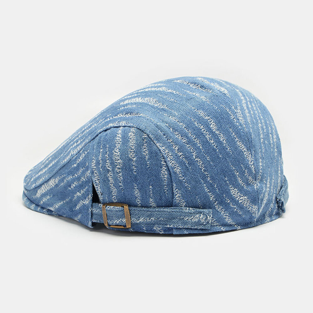 Menn Denim Beret Cap Broke Hole Small Stripe Short Rim Mote Sunscreen Flate Hatter Forward Cap