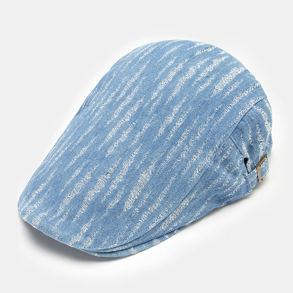 Menn Denim Beret Cap Broke Hole Small Stripe Short Rim Mote Sunscreen Flate Hatter Forward Cap