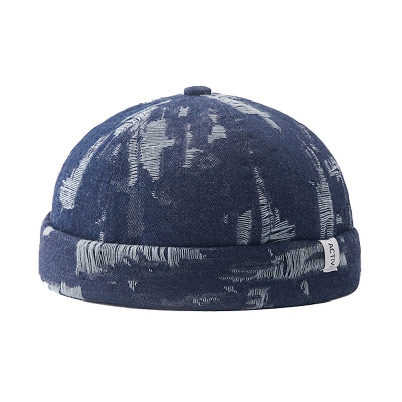 Menn Denim Distressed Ripped Trendy All-match Justerbar Brimless Beanie Landlord Caps Skull Caps