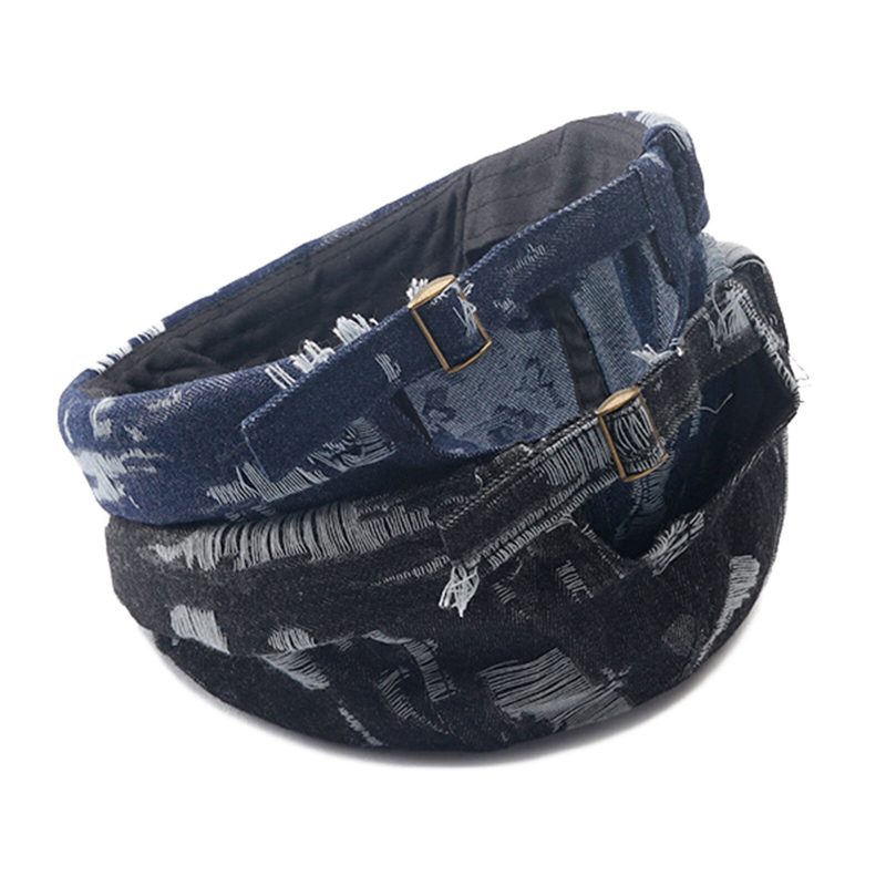 Menn Denim Distressed Ripped Trendy All-match Justerbar Brimless Beanie Landlord Caps Skull Caps