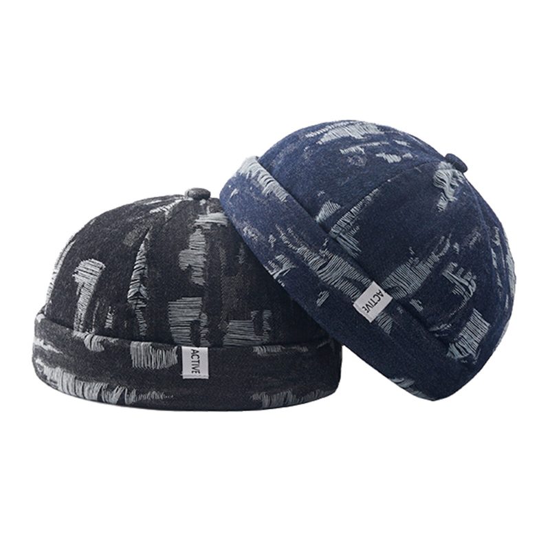 Menn Denim Distressed Ripped Trendy All-match Justerbar Brimless Beanie Landlord Caps Skull Caps