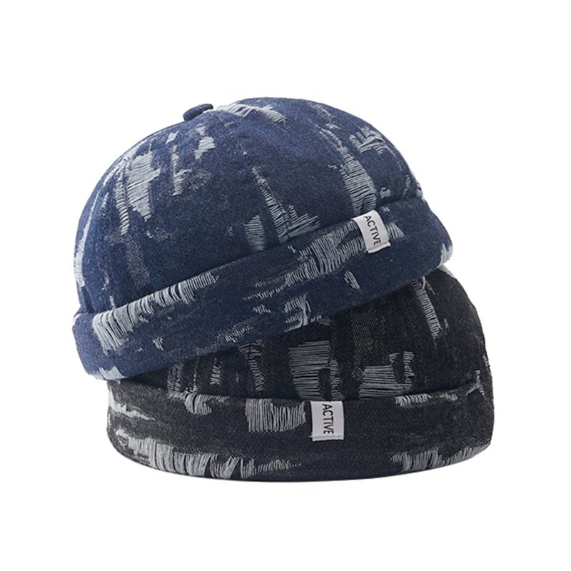 Menn Denim Distressed Ripped Trendy All-match Justerbar Brimless Beanie Landlord Caps Skull Caps