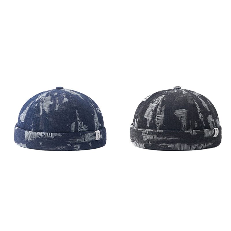 Menn Denim Distressed Ripped Trendy All-match Justerbar Brimless Beanie Landlord Caps Skull Caps