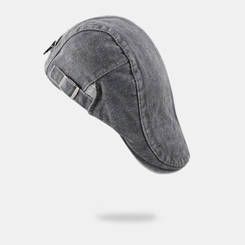 Menn Distressed Vasket Glidelås Dekorer Beret Flate Cap Solid Farge Justerbar Slitt Hull Forover Cap