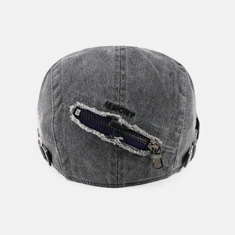 Menn Distressed Vasket Glidelås Dekorer Beret Flate Cap Solid Farge Justerbar Slitt Hull Forover Cap