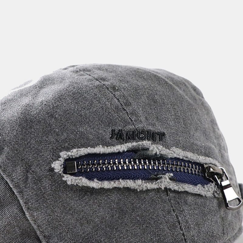 Menn Distressed Vasket Glidelås Dekorer Beret Flate Cap Solid Farge Justerbar Slitt Hull Forover Cap