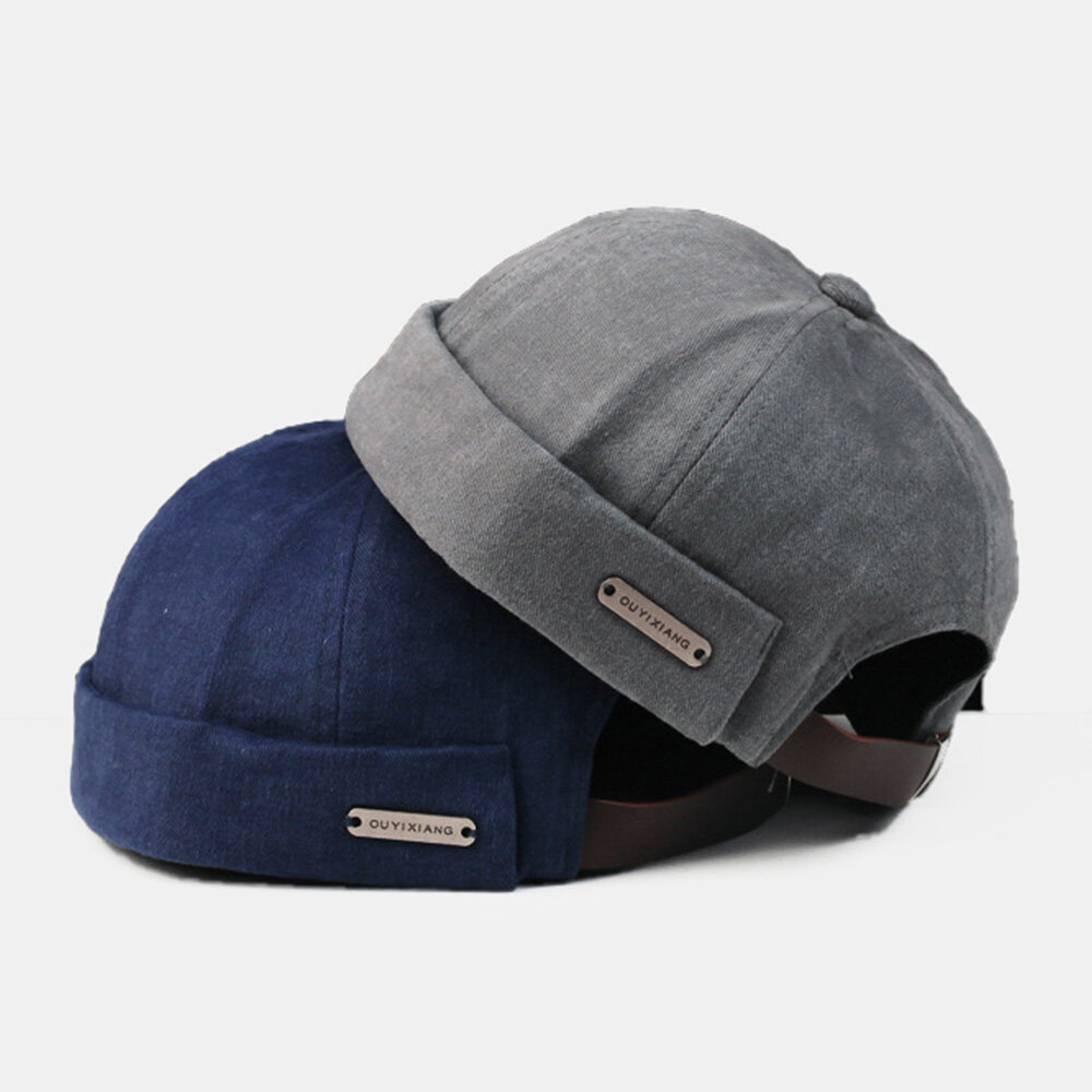 Menn Dome Metal Label Justerbar Melon Cap Retro Stree Høst Varm Vindtett Brimless Beanie Utleier Cap Skull Cap