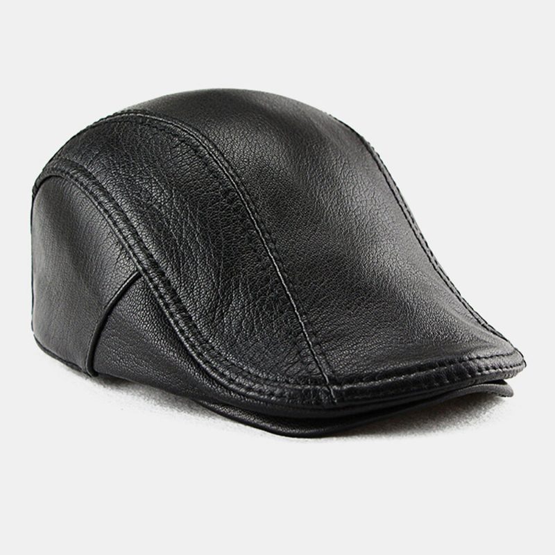 Menn Ekte Skinn Tynne Kortbremmet Beret Flate Cap Rtro Casual Saueskinn Vindtett Newsboy Hatter Cabbie Hat