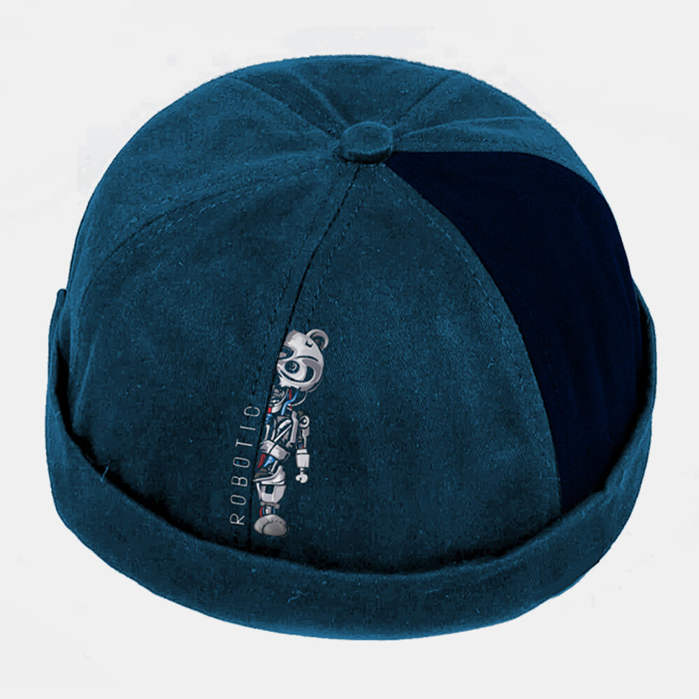 Menn Kvinner Bomull Robot Bjørn Utskrift Patchwork Kreativ Mote Street Trend Brimless Beanie Utleier Cap Skull Cap