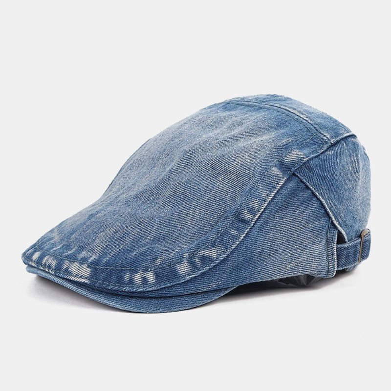 Menn Newsboy Cap Vasket Denim Ensfarge Pustende Justerbar Utendørs Solskjerm Uformell Forward Hatter Beret Flate Cap