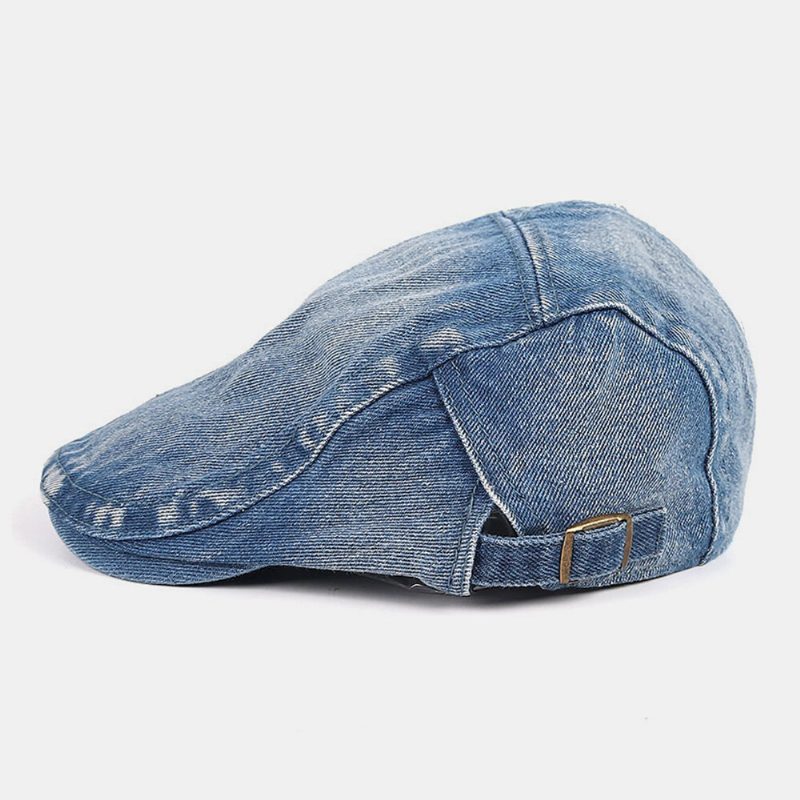 Menn Newsboy Cap Vasket Denim Ensfarge Pustende Justerbar Utendørs Solskjerm Uformell Forward Hatter Beret Flate Cap