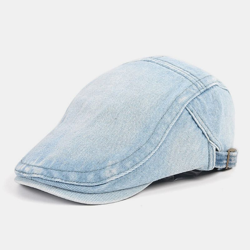 Menn Newsboy Cap Vasket Denim Ensfarge Pustende Justerbar Utendørs Solskjerm Uformell Forward Hatter Beret Flate Cap