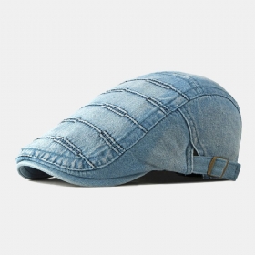 Menn Newsboy Cap Vasket Denim Ensfargede Sting Uformell Forward Hatter Beret Flate Cap