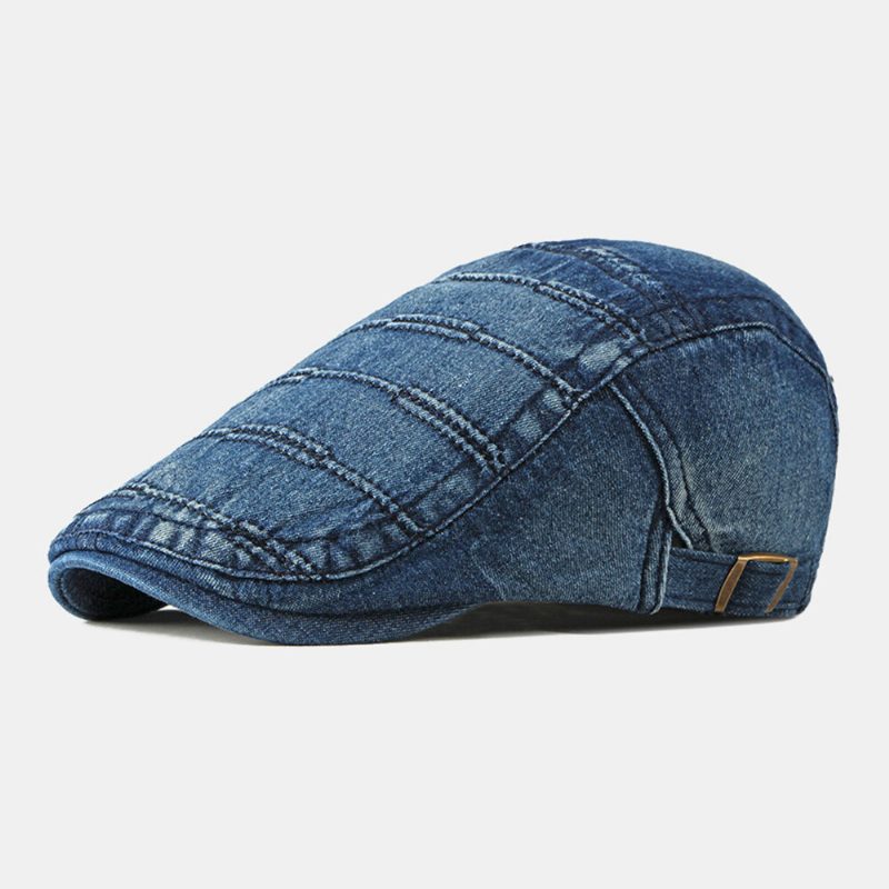 Menn Newsboy Cap Vasket Denim Ensfargede Sting Uformell Forward Hatter Beret Flate Cap