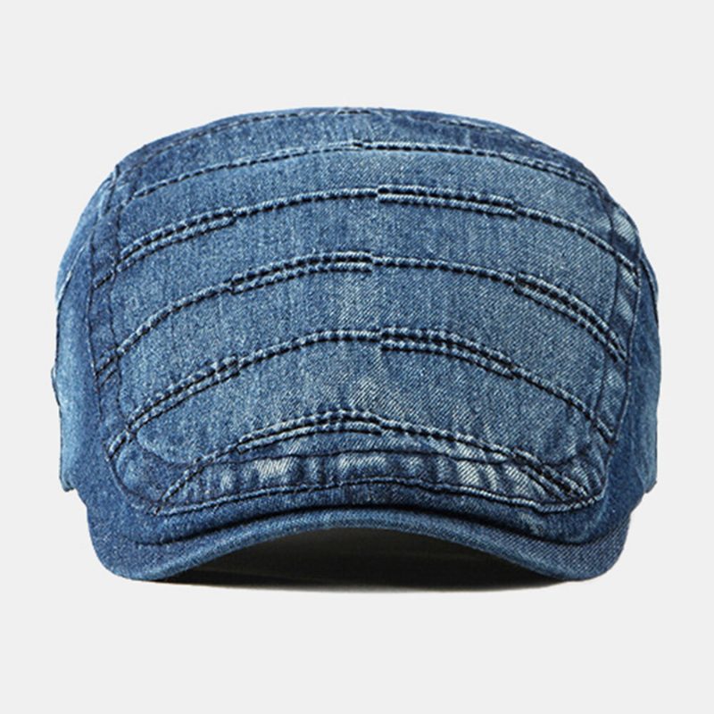 Menn Newsboy Cap Vasket Denim Ensfargede Sting Uformell Forward Hatter Beret Flate Cap