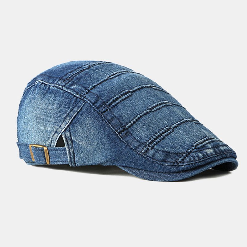 Menn Newsboy Cap Vasket Denim Ensfargede Sting Uformell Forward Hatter Beret Flate Cap