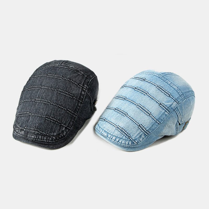 Menn Newsboy Cap Vasket Denim Ensfargede Sting Uformell Forward Hatter Beret Flate Cap