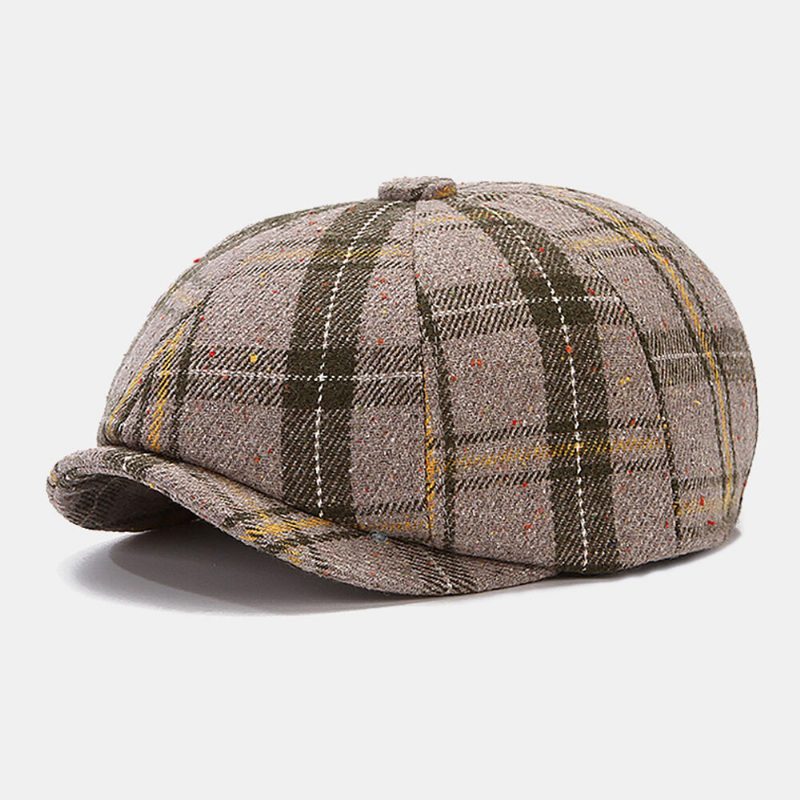 Menn Newsboy Hatter Britisk Retro Farget Gitter Vindtett Varm 8 Panel Maler Lue Åttekantet Lue